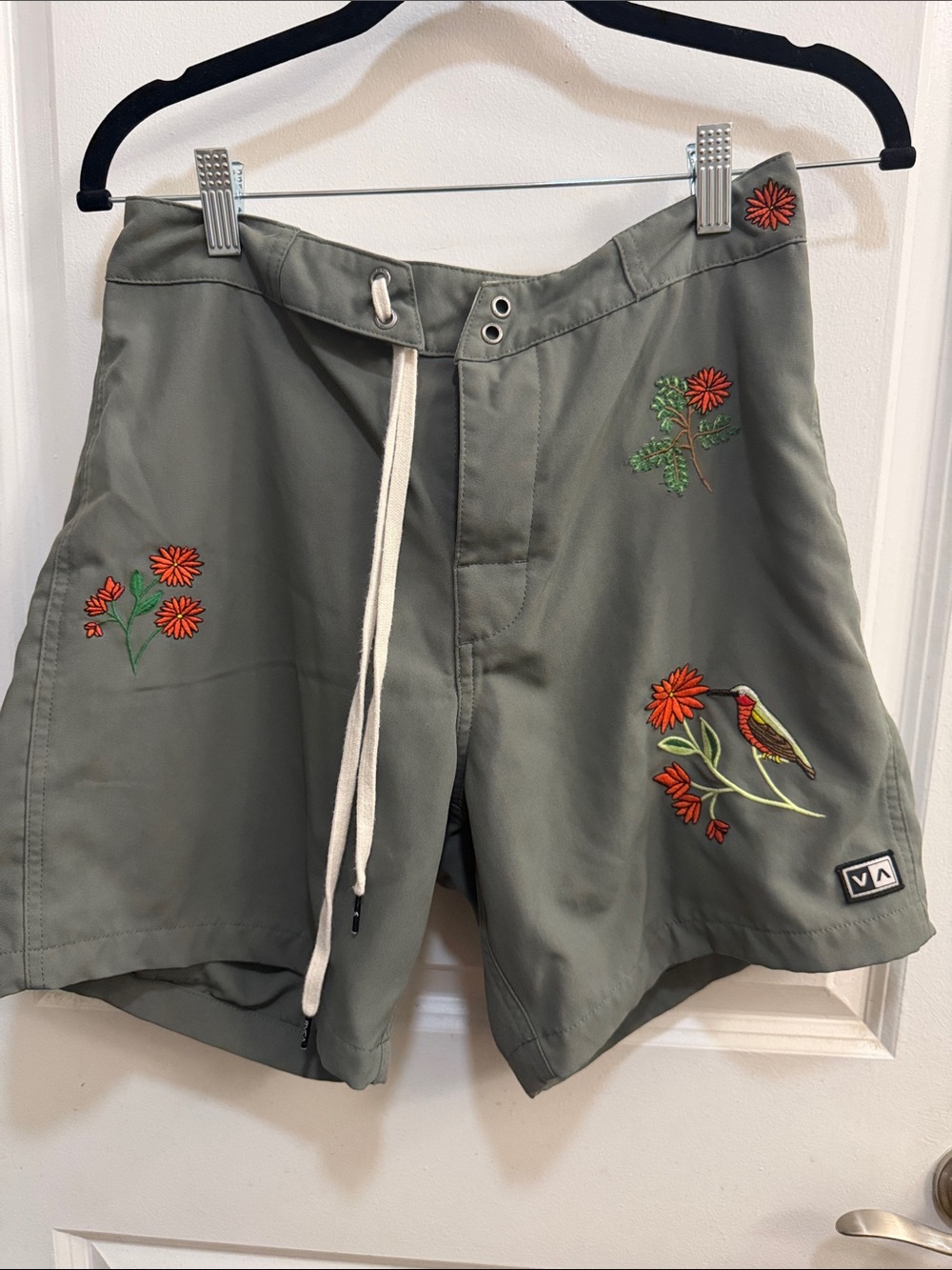 RVCA Olive Green Men's Board Shorts with Red Floral & Bird Embroidery
